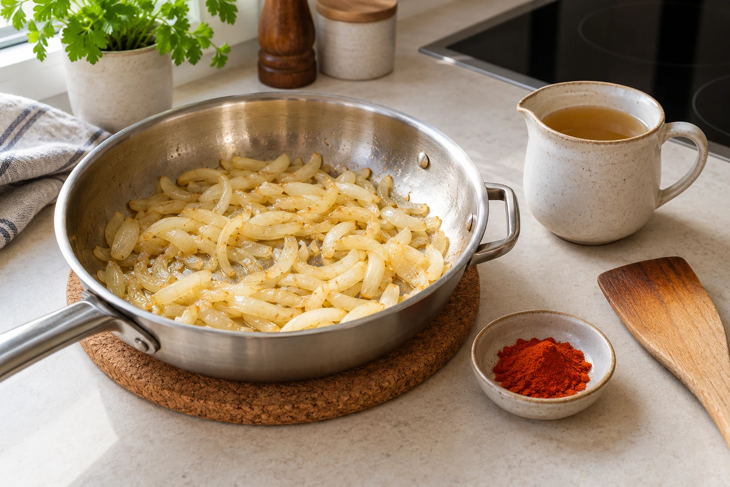Pfanne mit gegarten Zwiebeln abseits des Kochfelds, daneben Paprikapulver, Holzspatel und ein Krug Brühe