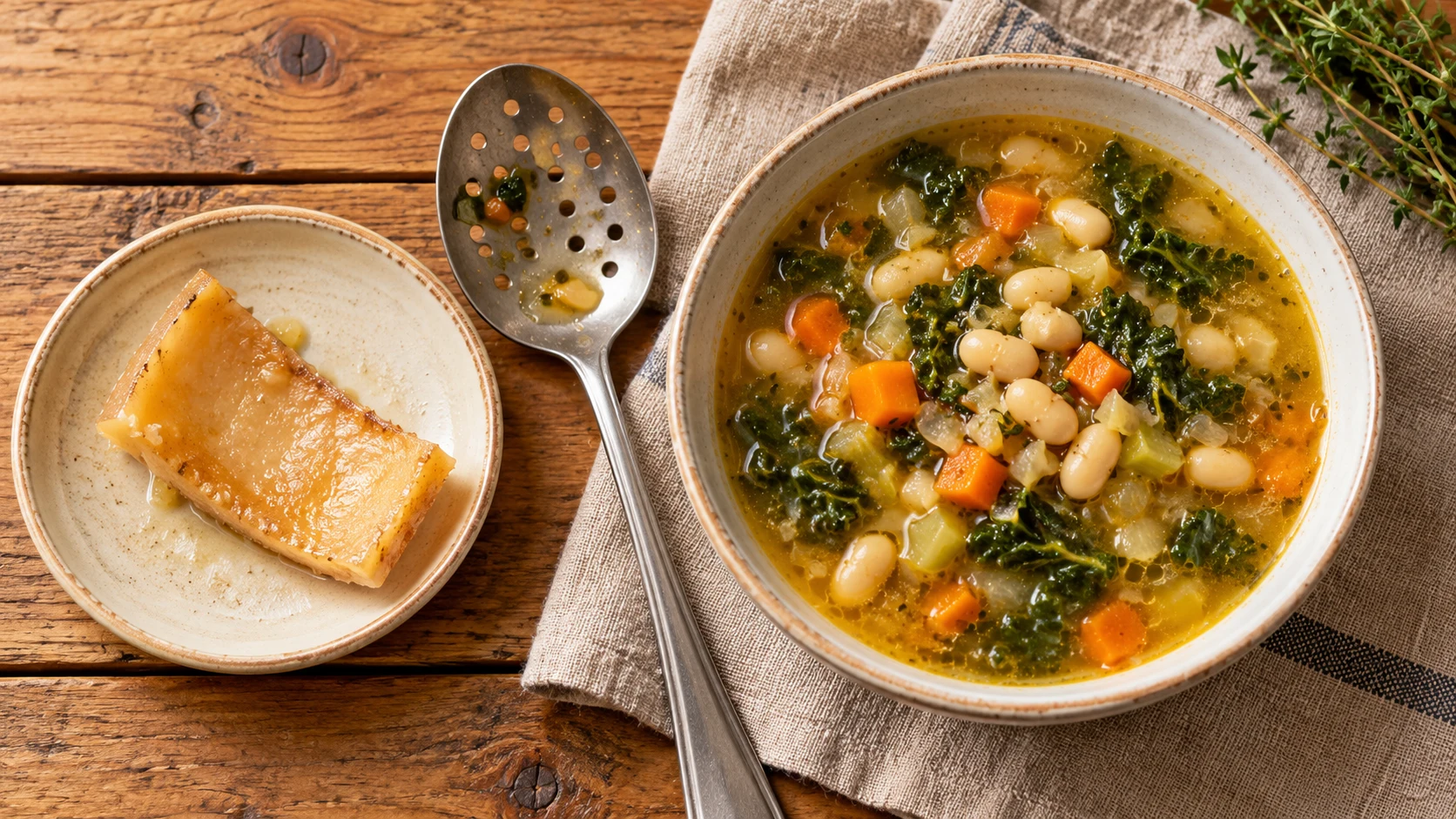 Gegarte Parmesanrinde auf einer kleinen Untertasse neben Gemüsesuppe und Schaumlöffel