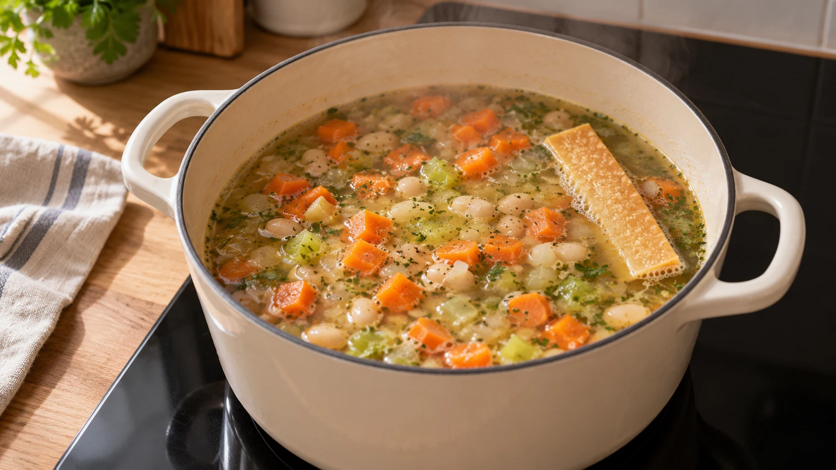Ein Stück Parmesanrinde köchelt in einer Gemüse-Bohnen-Suppe