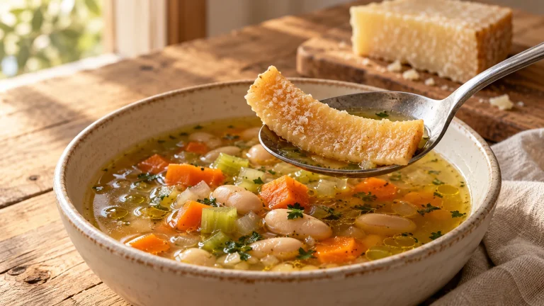 Ein Löffel mit weicher Parmesanrinde über einer Schale Gemüsesuppe