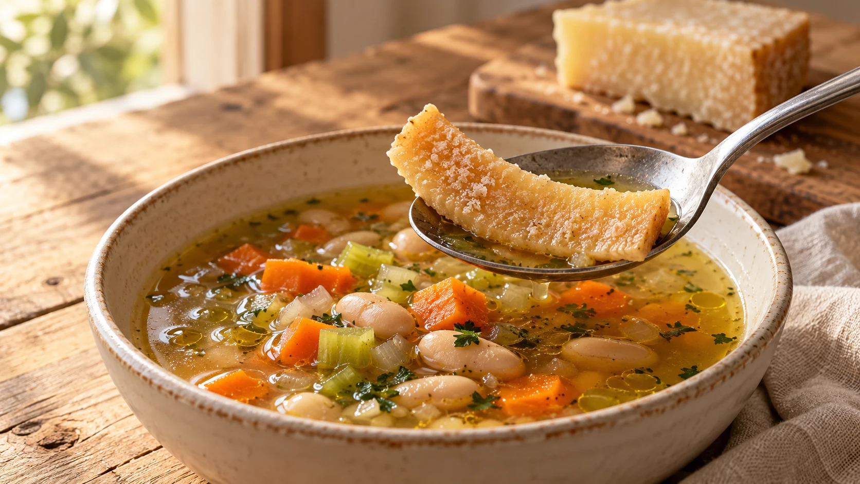 Ein Löffel mit weicher Parmesanrinde über einer Schale Gemüsesuppe