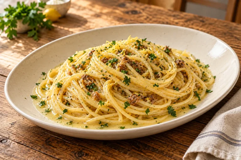 Spaghetti mit glänzender Sardellenbutter, Petersilie und feinem Zitronenabrieb