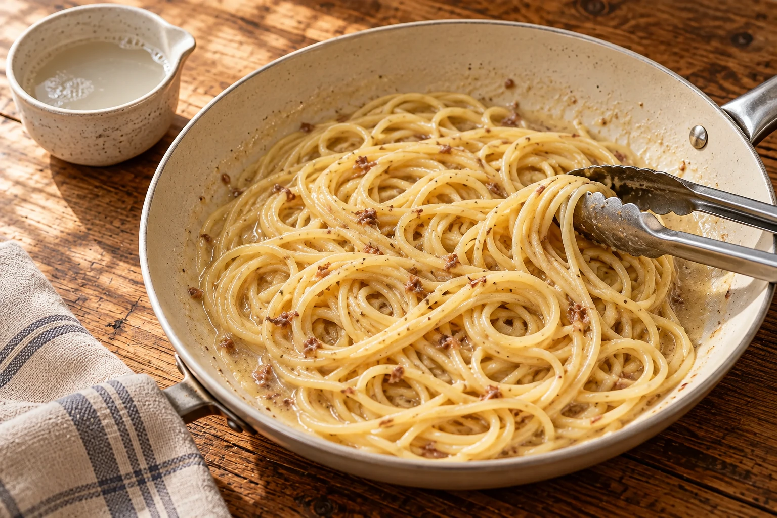 Spaghetti werden mit Sardellenbutter und Nudelwasser in der Pfanne geschwenkt