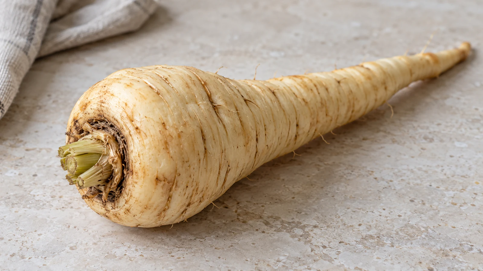 Nahaufnahme einer Pastinake mit flacher Vertiefung um den kurz geschnittenen Blattansatz