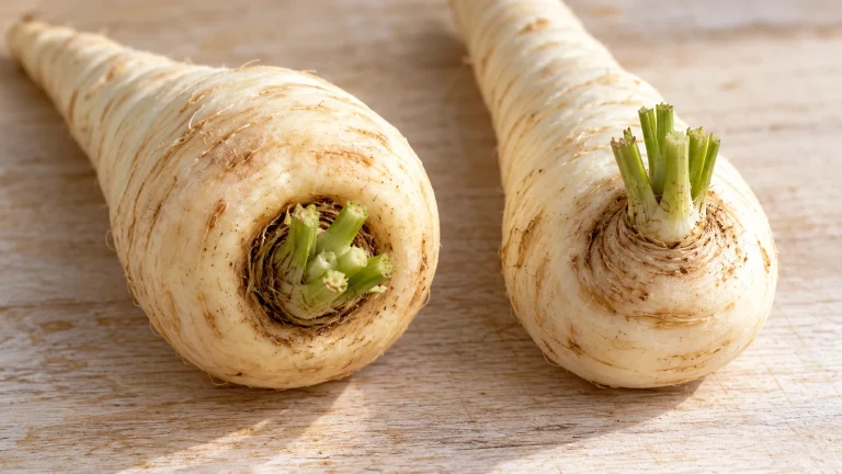 Pastinake links und Petersilienwurzel rechts mit den Blattansätzen zur Kamera auf einem Holzbrett