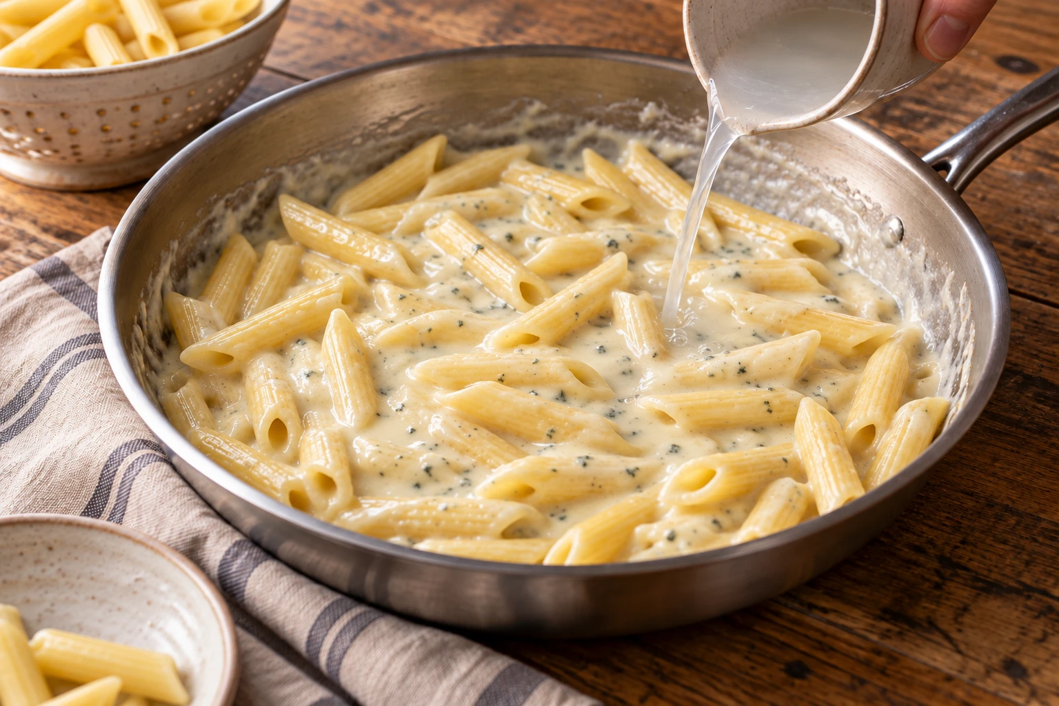 Penne werden mit Gorgonzolasauce und etwas Nudelwasser vermengt