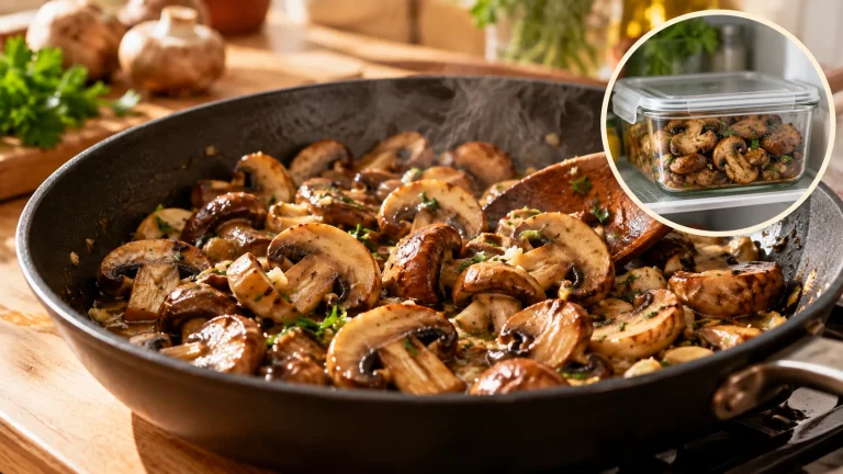Gebratene Champignons in der Pfanne mit einer Detailansicht gekühlter Pilzreste