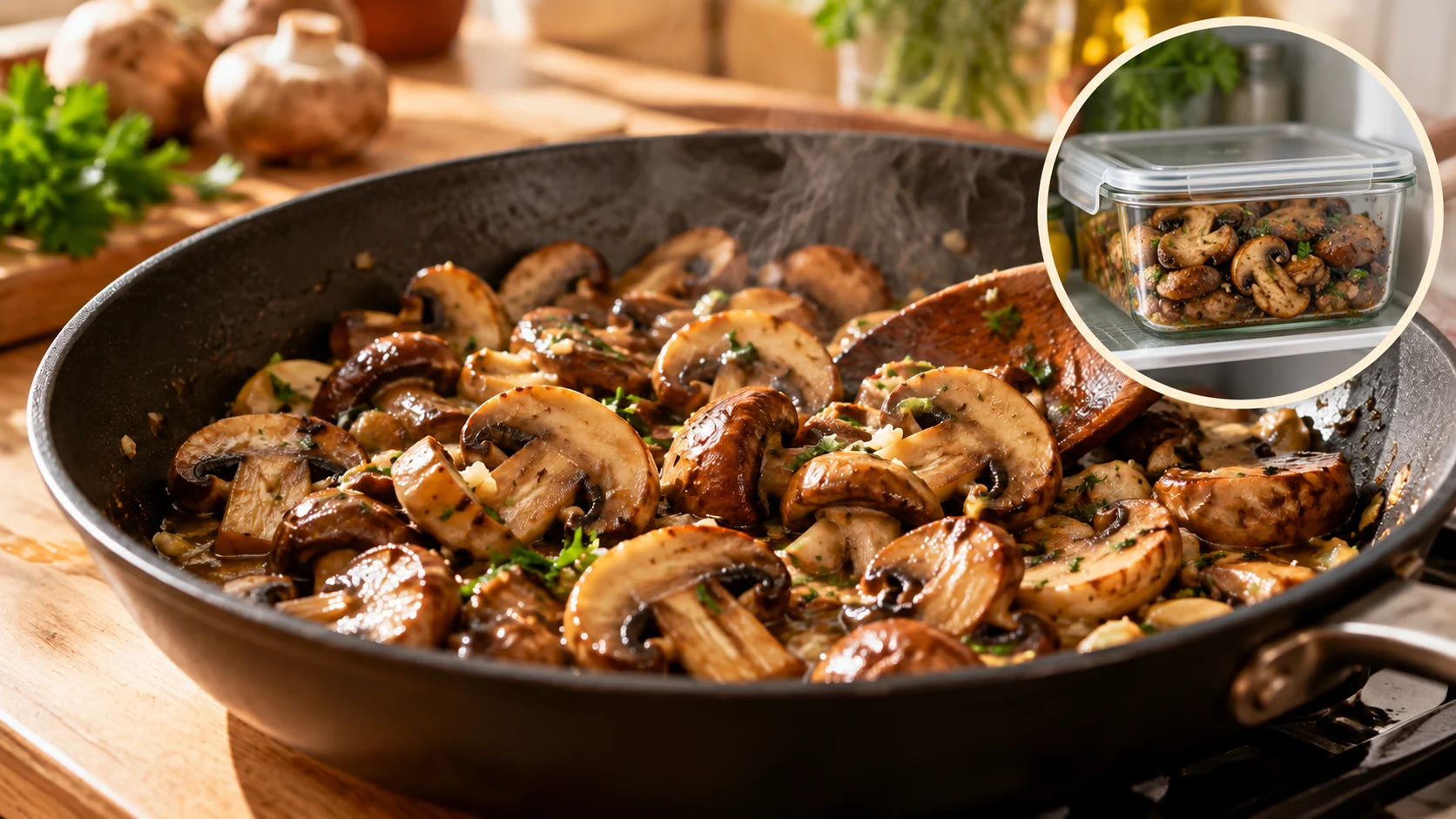 Gebratene Champignons in der Pfanne mit einer Detailansicht gekühlter Pilzreste