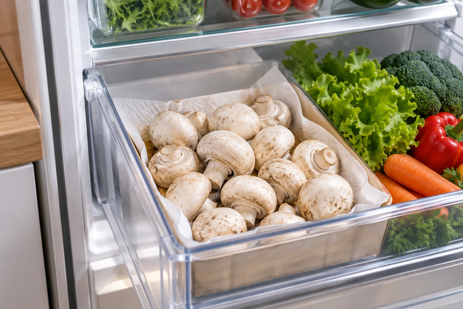 Champignons in einer flachen, mit Küchenpapier ausgelegten Schale im Gemüsefach