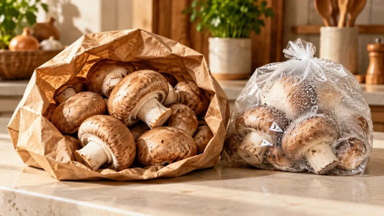 Frische Champignons in einer Papiertüte neben einem feuchten Plastikbeutel