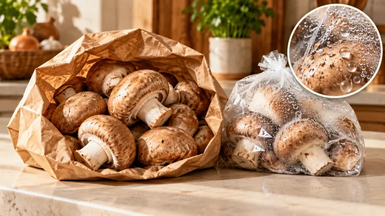 Champignons in Papier und Plastik mit vergrößerter Detailansicht von Kondenswasser