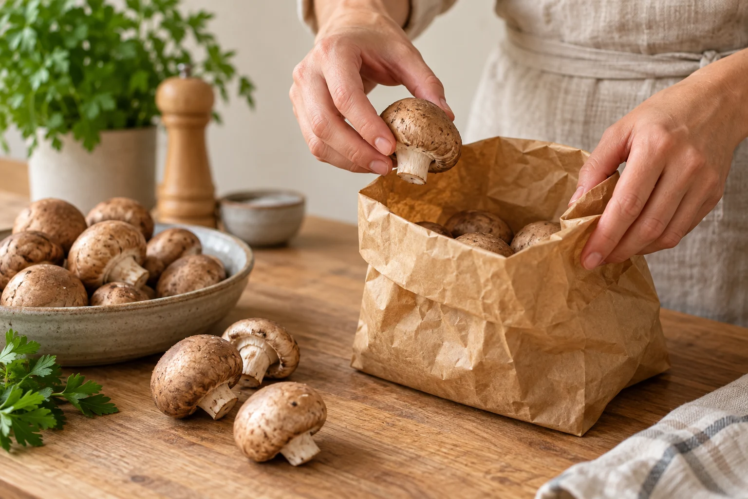 Hände legen frische Champignons locker in eine offene Papiertüte