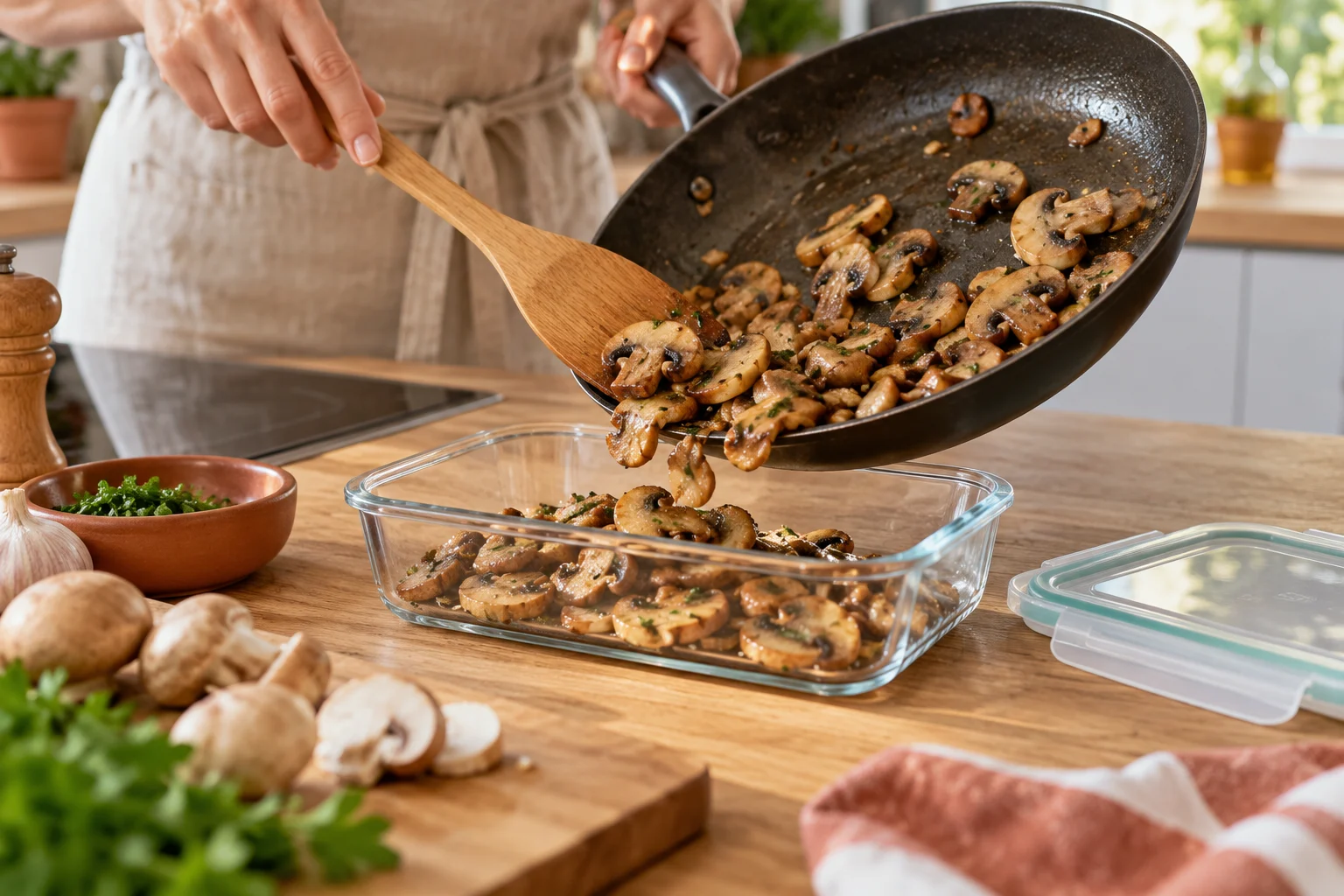 Gegarte Champignons werden in einen flachen Glasbehälter umgefüllt