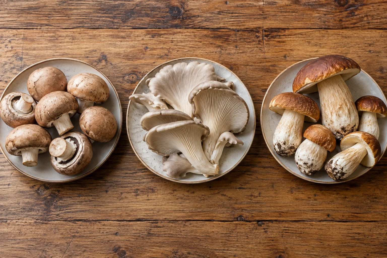 Champignons, Austernpilze und Steinpilze auf drei Keramiktellern