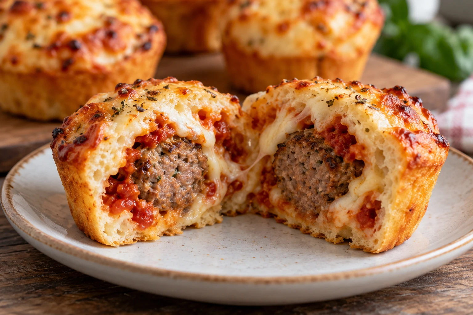 Aufgeschnittener Pizza-Muffin mit gegartem Hackbällchen, Tomate und geschmolzenem Mozzarella