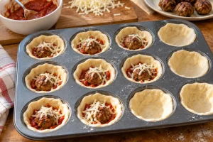 Mit Pizzateig ausgekleidete Muffinform mit Sauce, angebratenen Hackbällchen und Mozzarella