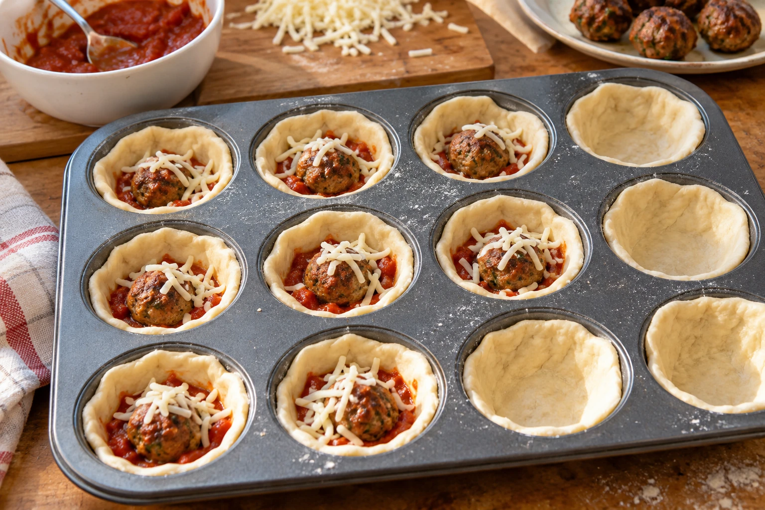 Mit Pizzateig ausgekleidete Muffinform mit Sauce, angebratenen Hackbällchen und Mozzarella