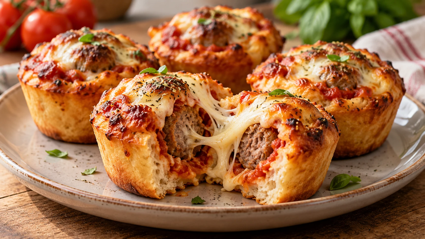 Heißer aufgebrochener Pizza-Muffin mit Käsefäden und sichtbarem Hackbällchen