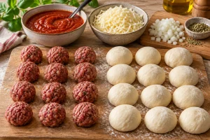 Kleine Hackbällchen, Pizzateigportionen, dicke Tomatensauce und geriebener Mozzarella