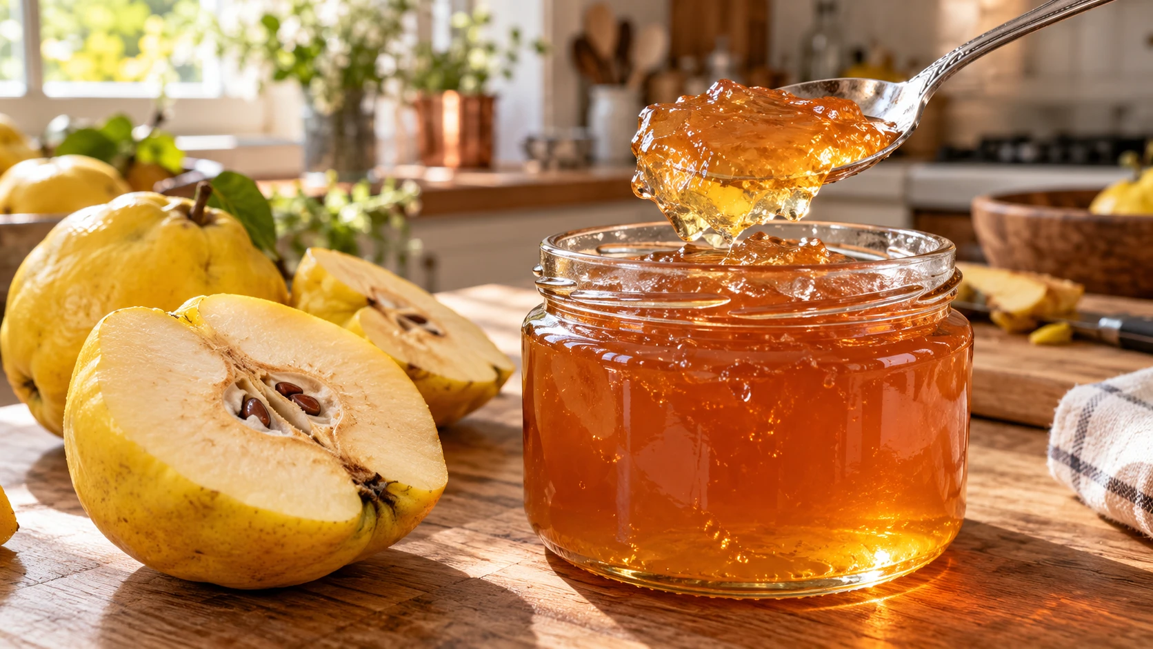 Klares bernsteinfarbenes Quittengelee im Glas mit einer Gelportion auf dem Löffel und Quittenhälften