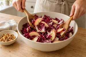 Radicchio und Apfelscheiben werden mit zwei Holzlöffeln vorsichtig mit dem Dressing gemischt