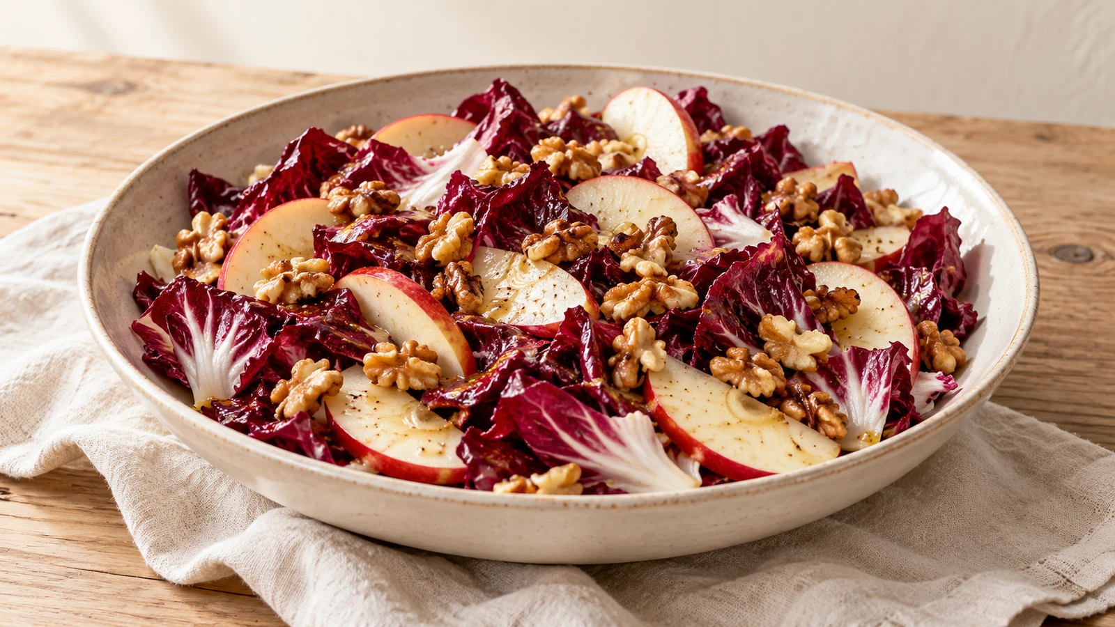 Radicchio-Apfel-Salat mit gerösteten Walnüssen in einer flachen Keramikschale
