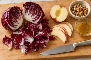 Halbierter Radicchio, einzelne Blätter und dünne Apfelscheiben auf einem Holzbrett neben Walnüssen und Dressing