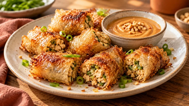 Knusprige Reispapier-Nuggets mit Tofu-Füllung und Erdnuss-Dip auf einem Teller