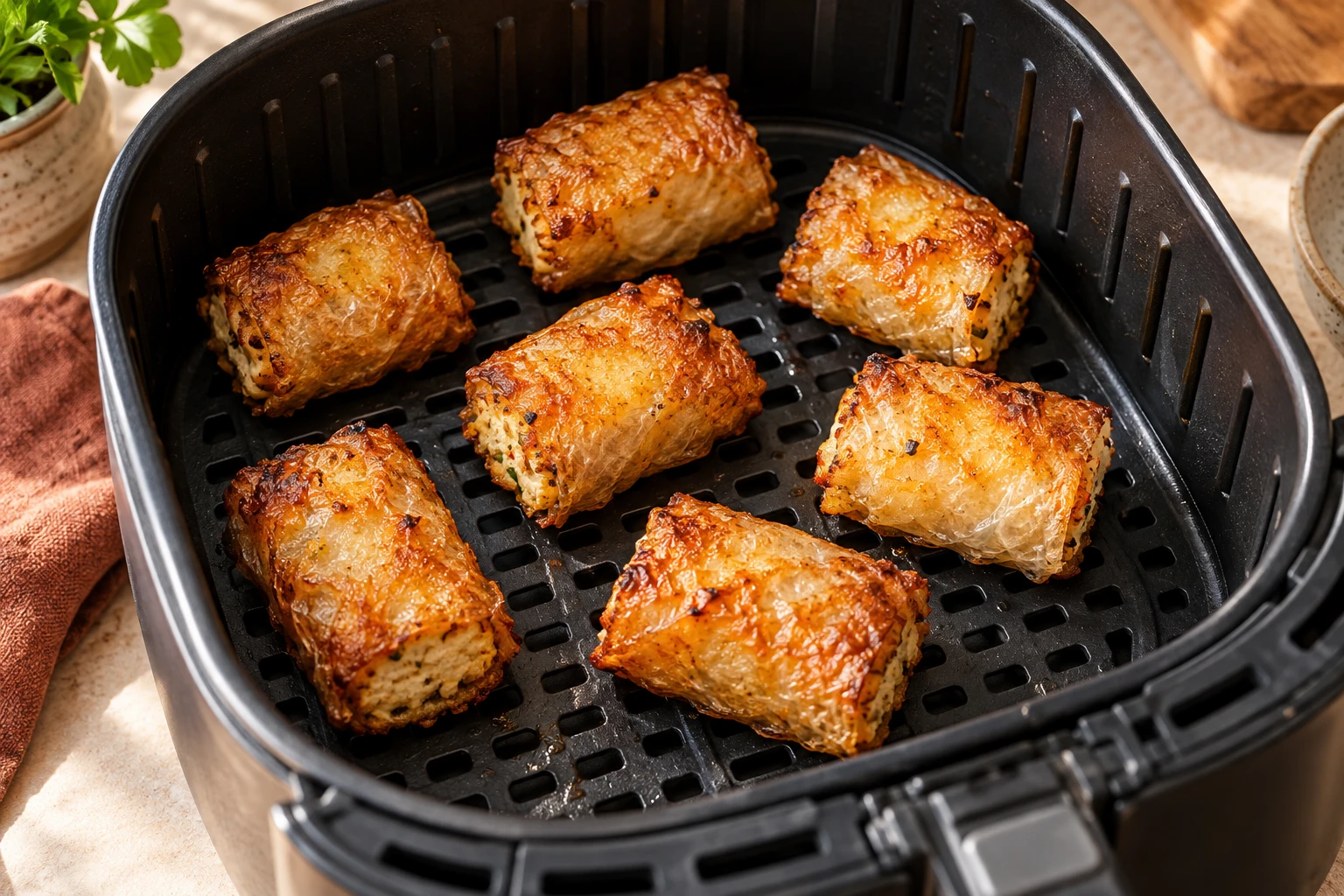 Reispapier-Nuggets mit Abstand in einer Airfryer-Schublade