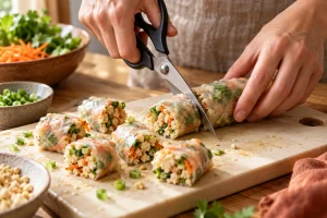 Gefüllte Reispapierrolle mit Tofu und bereits abgeschnittenen Nugget-Stücken
