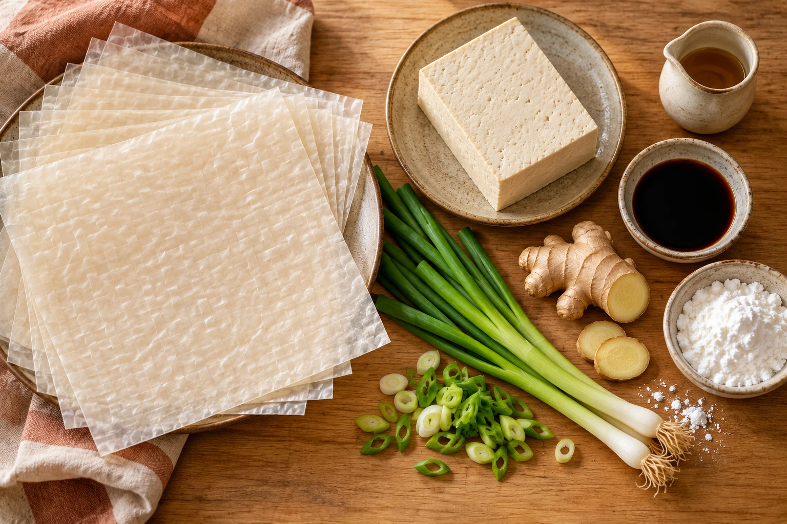 Reispapier, fester Tofu, Frühlingszwiebeln und Zutaten für den Erdnuss-Dip