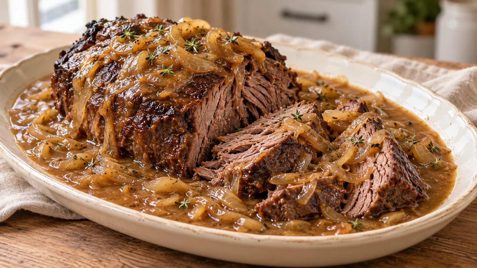 Rinderschmorbraten mit weichen Zwiebeln und glänzender Apfelsaft-Bratensauce auf einer Servierplatte