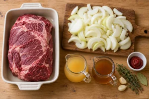 Rohe Rinderschulter in einer Schale neben geschnittenen Zwiebeln, naturtrübem Apfelsaft, Brühe und Gewürzen