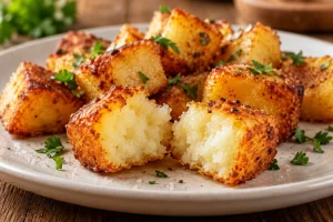 Aufgeschnittener goldbrauner Kartoffelwürfel mit weichem Inneren