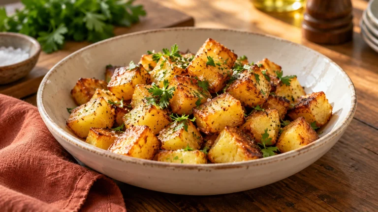 Goldbraune Risoleekartoffeln mit Petersilie in einer hellen Schale