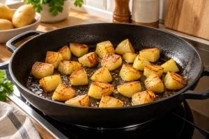 Kartoffelwürfel mit gebräunten Schnittflächen in einer breiten Pfanne