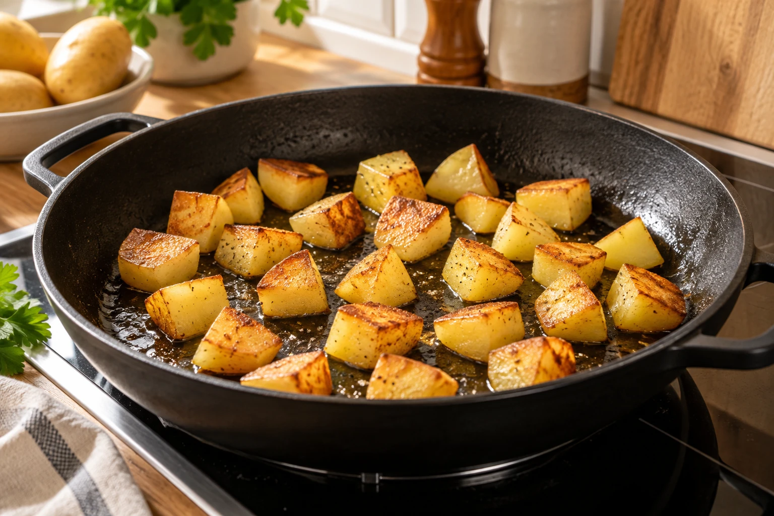 Kartoffelwürfel mit gebräunten Schnittflächen in einer breiten Pfanne