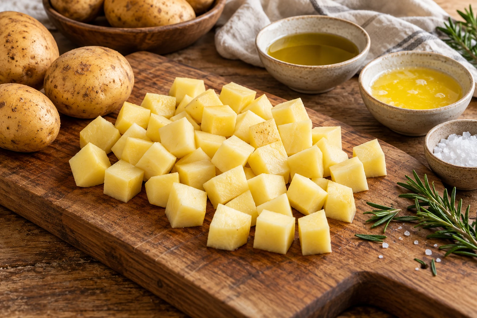 Gleichmäßig geschnittene Kartoffelwürfel neben Öl, Butterschmalz und Rosmarin