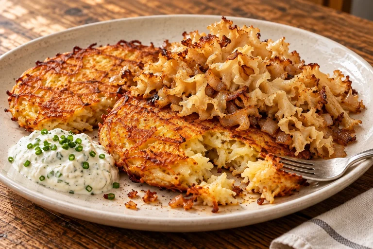 Knusprige Kartoffelrösti mit gebratener Krauser Glucke und Schnittlauchschmand daneben