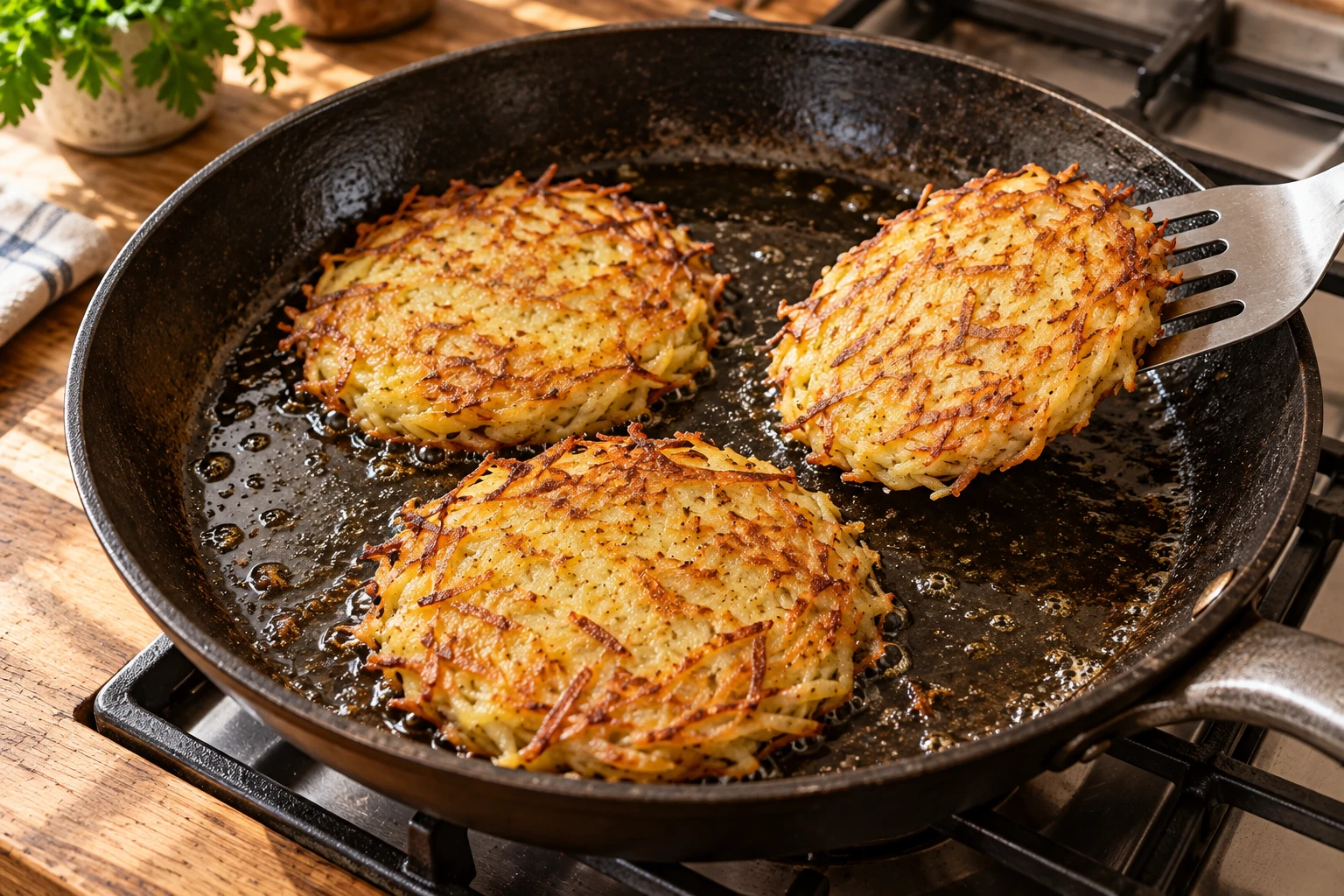 Drei flache Kartoffelrösti mit goldbraunen Rändern in einer großen Pfanne