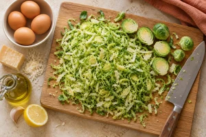 Fein geschnittener Rosenkohl auf einem Brett neben Eiern, Parmesan, Knoblauch und Zitrone