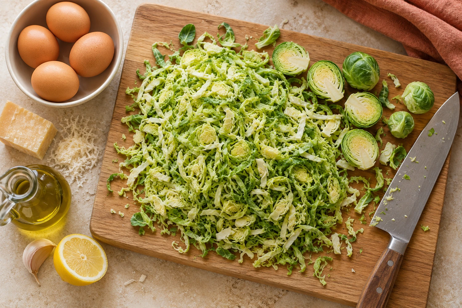 Fein geschnittener Rosenkohl auf einem Brett neben Eiern, Parmesan, Knoblauch und Zitrone