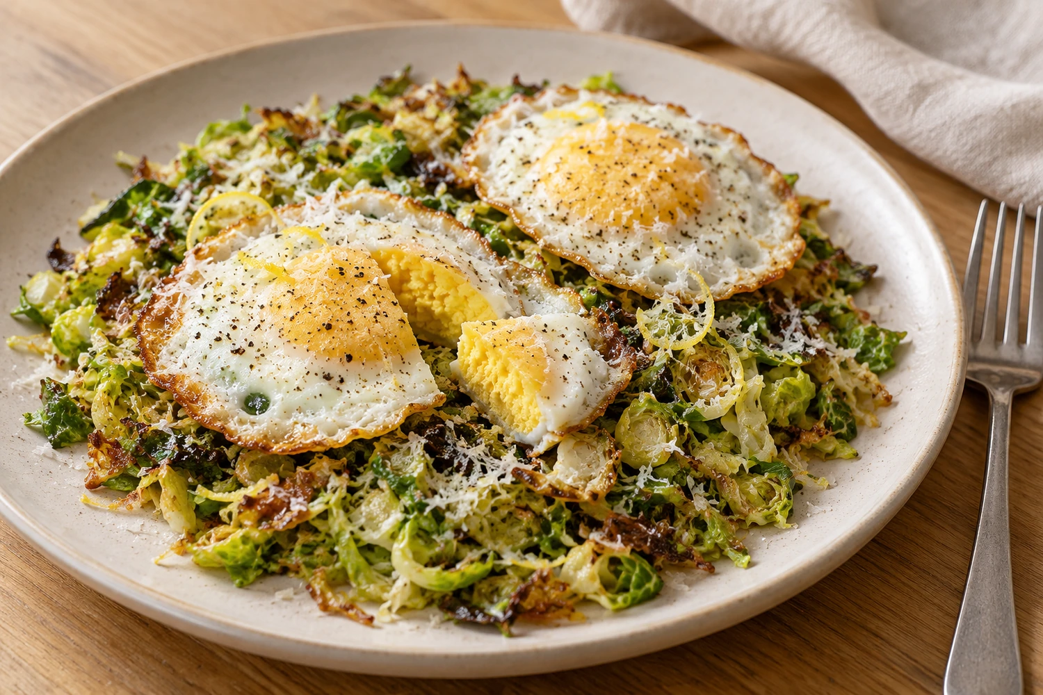 Rosenkohl mit Parmesan und zwei Spiegeleiern auf einem Teller, ein Ei mit festem Eigelb angeschnitten