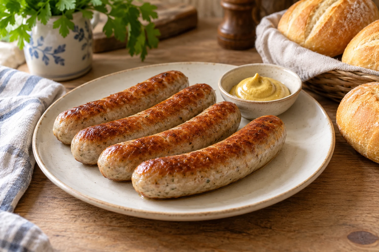 Gebräunte Rostbratwürste aus dem Airfryer mit Senf und Brötchen.