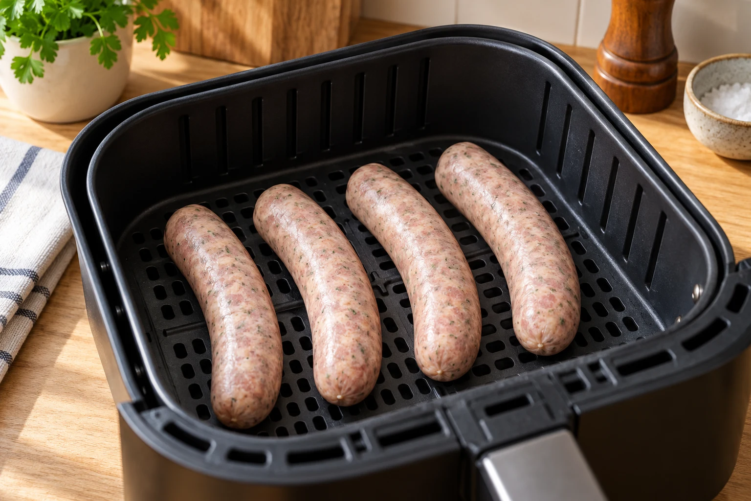 Vier rohe Rostbratwürste liegen mit Abstand im Airfryer-Korb.