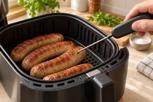 Ein Küchenthermometer prüft die Temperatur im Inneren der Rostbratwurst.