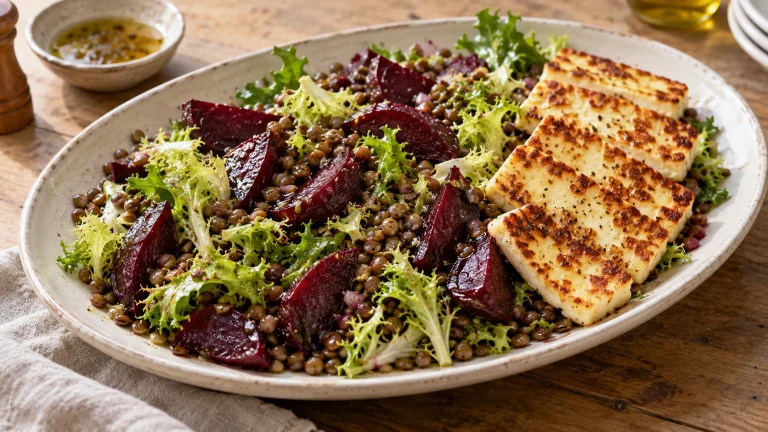 Rote-Bete-Linsen-Salat auf einer ovalen Platte mit goldbraun gebratenem Halloumi