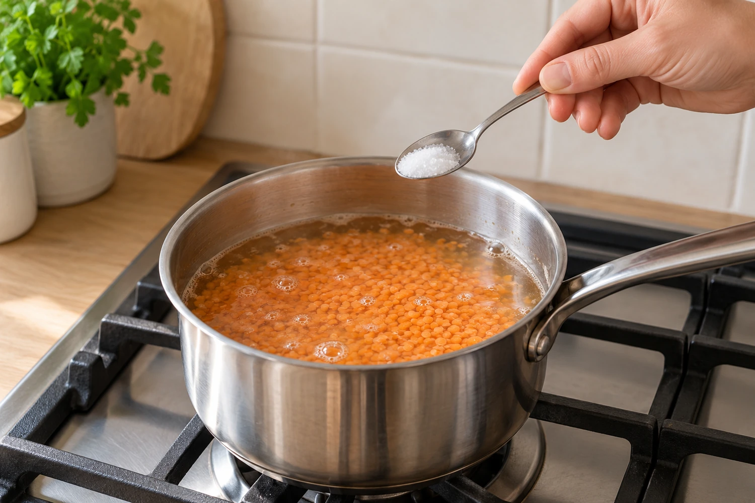 Eine Hand hält einen Teelöffel Salz über einen Topf mit roten Linsen im Kochwasser