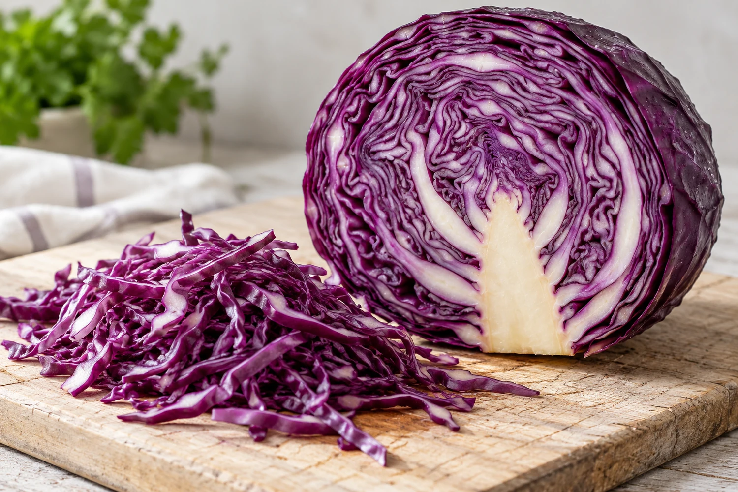 Aufgeschnittener Rotkohl mit violetten Blättern und hellen Blattadern neben feinen Kohlstreifen