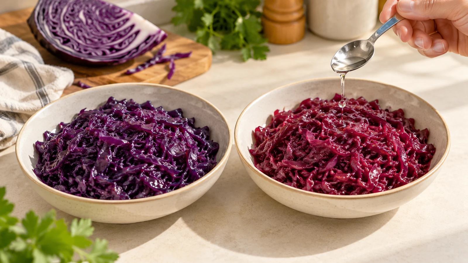Zwei Schalen mit violettem und rotviolettem Rotkohl, darüber ein Löffel mit Essig